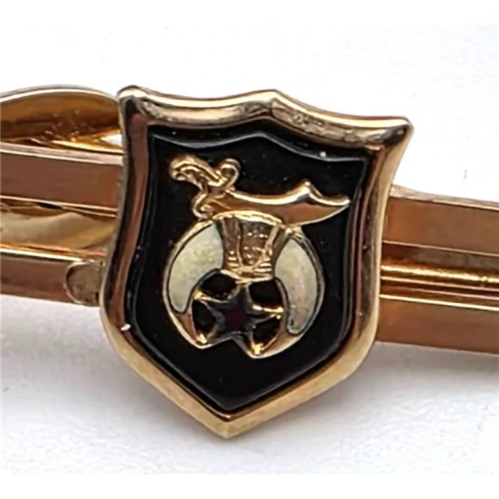 Swank Gold Tone Cufflinks Tie Bar Set Shriner Masonic Crescent Star Vintage